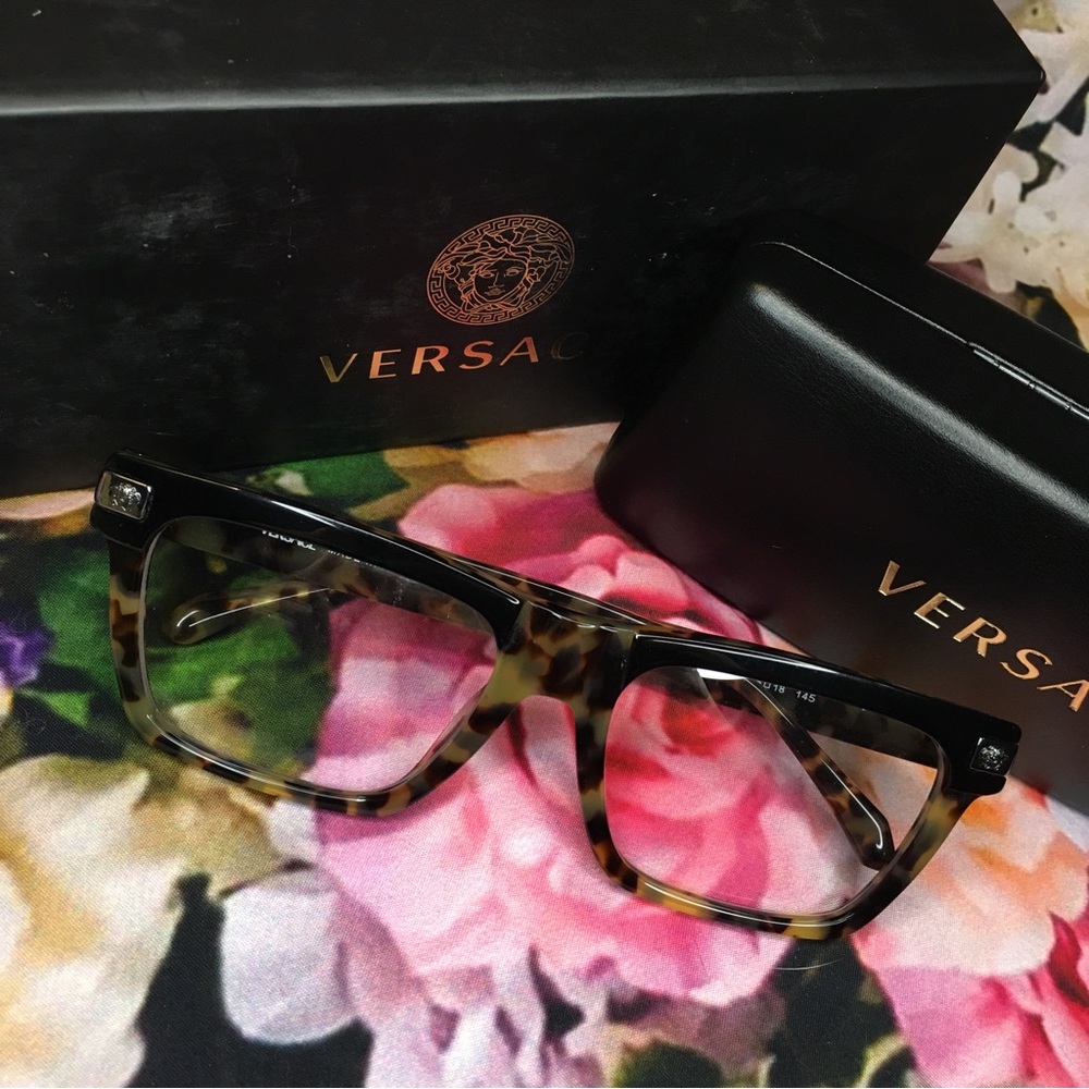 Versace women’s yellow & black tortoise medusa face logo frames glasses case box